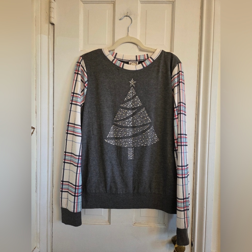 Tru Self Gray Embellished Shirt with Plaid Details